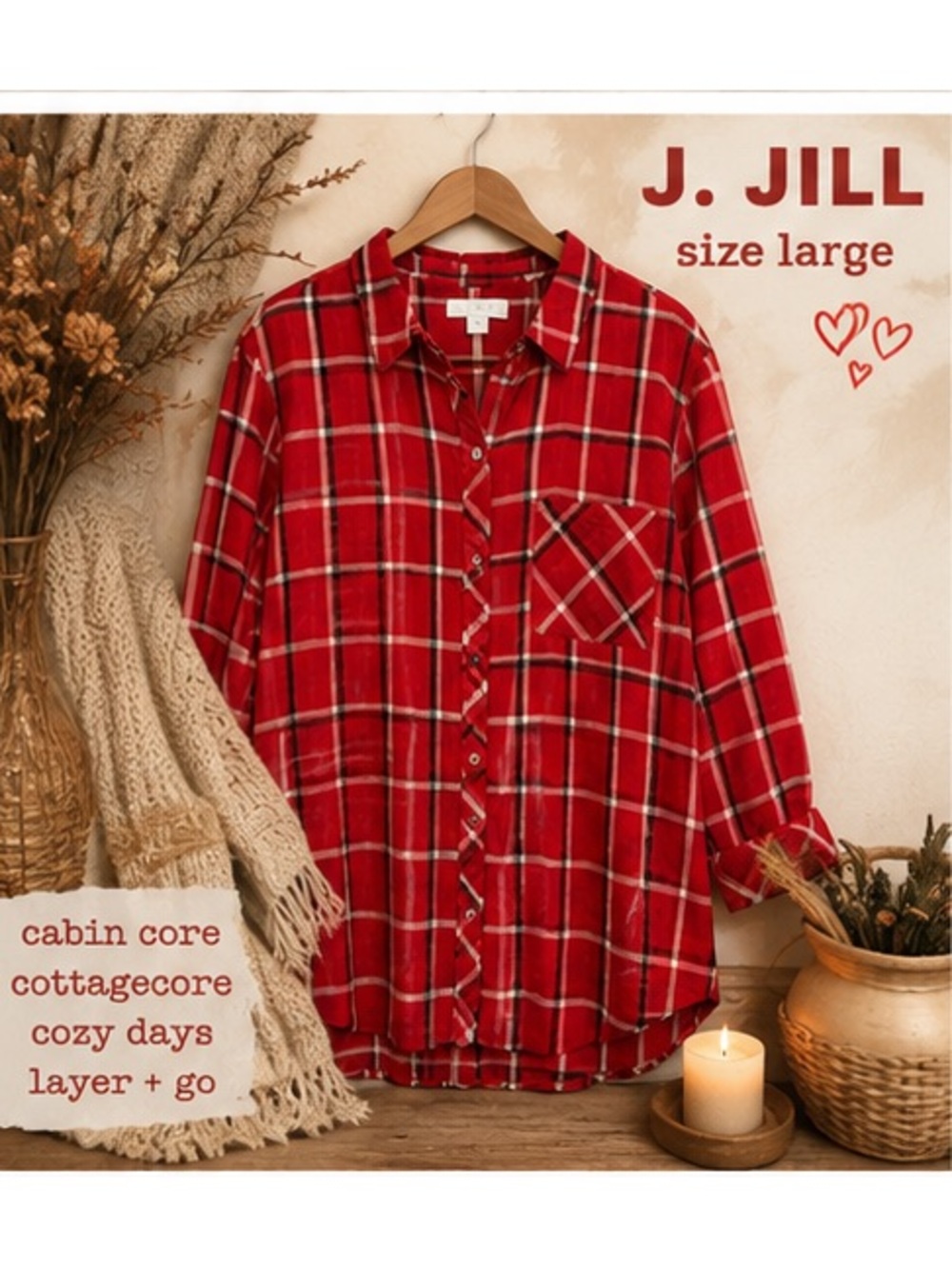 J. Jill Large Red Plaid 100% Cotton Button Front Tunic Shirt Long Sleeve Flannel - Picture 8 of 8